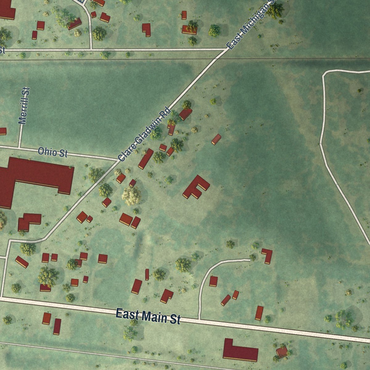 Second close-up of the map of Farwell, Michigan print showing more streets and buildings