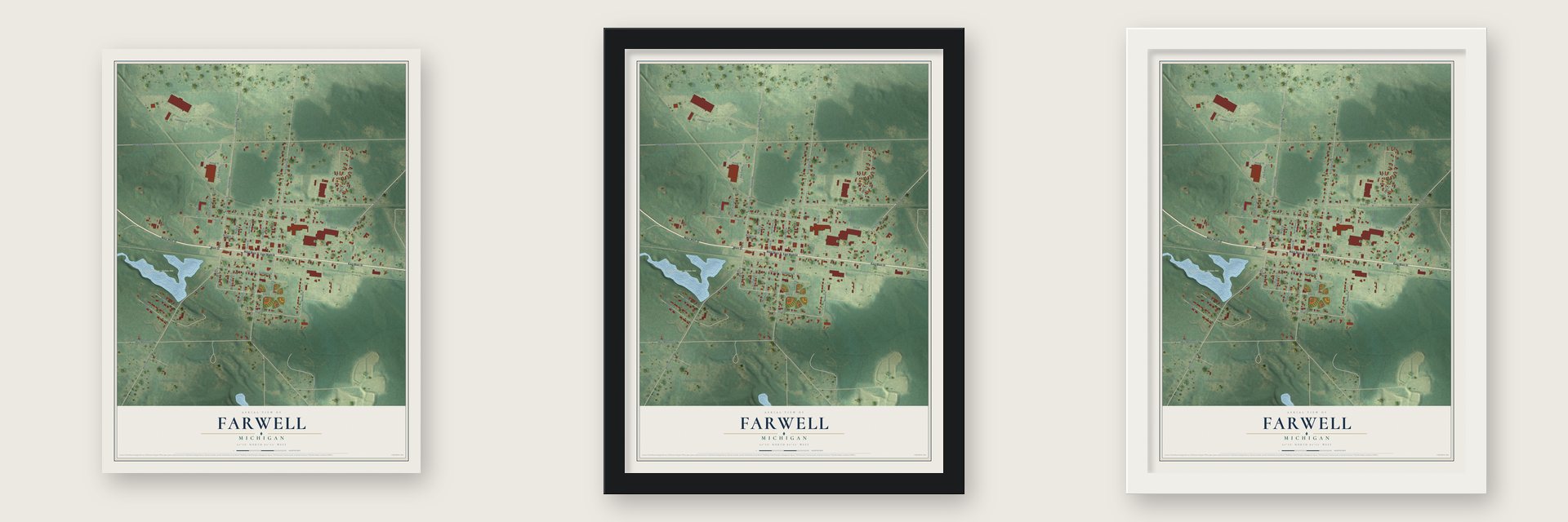 Farwell, Michigan map unframed, in a black wood frame and in a white wood frame