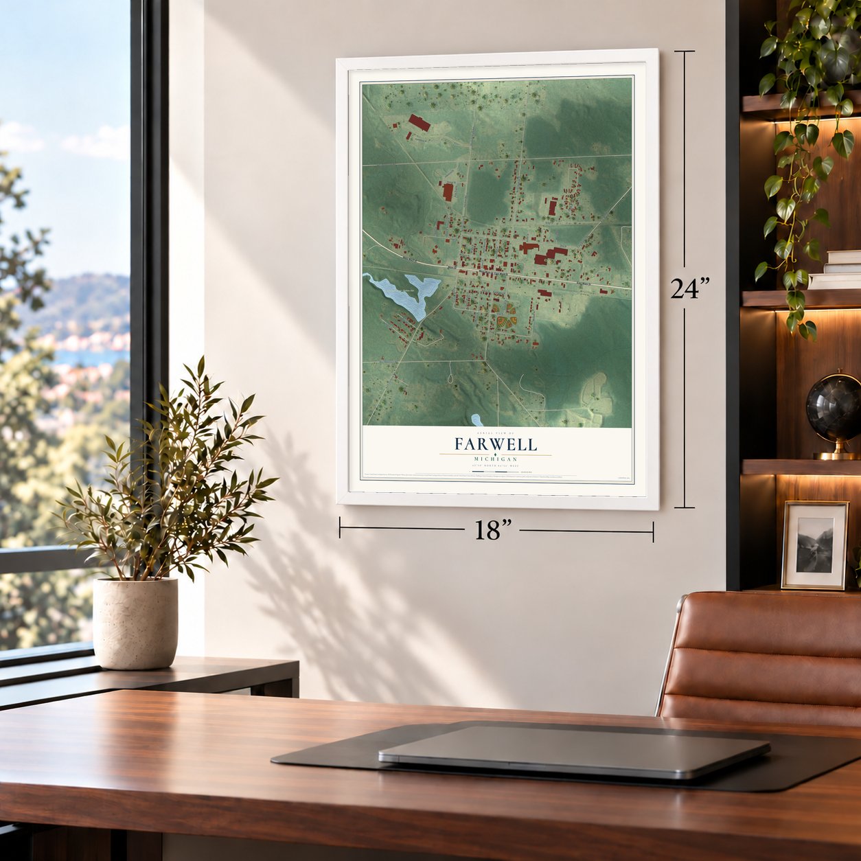 Farwell, Michigan map, 18 x 24 inch print in a white frame in a home office