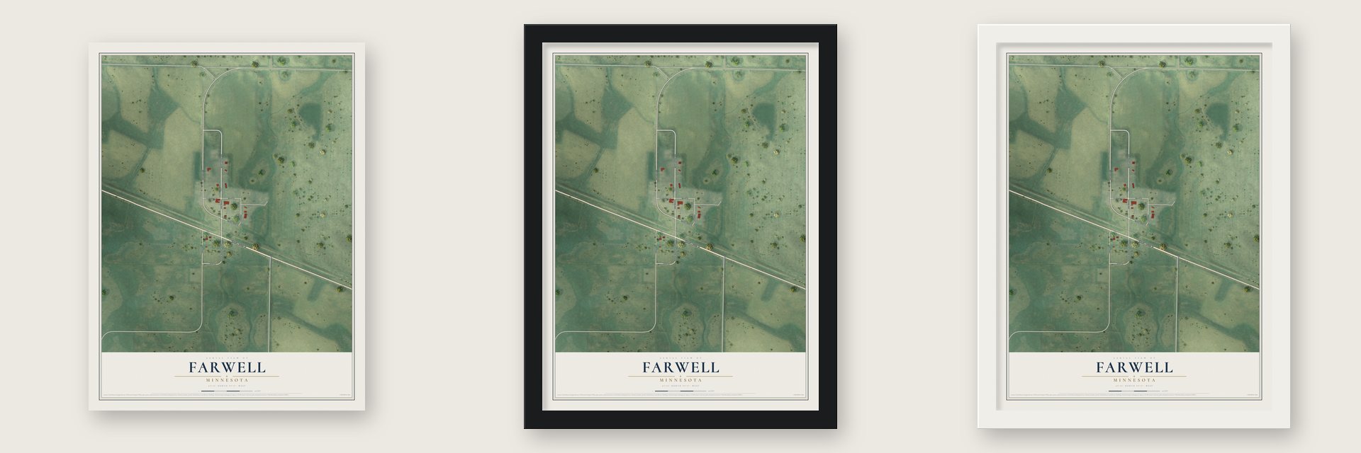 Farwell, Minnesota map unframed, in a black wood frame and in a white wood frame