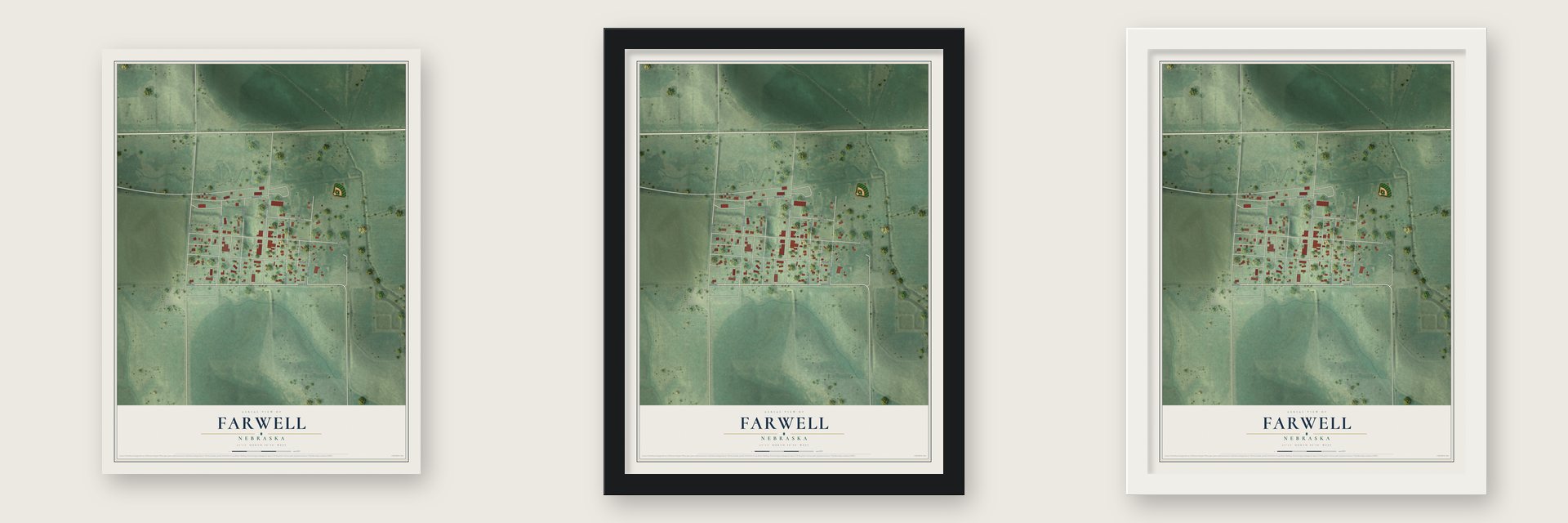 Farwell, Nebraska map unframed, in a black wood frame and in a white wood frame