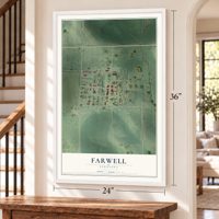 Farwell, Nebraska map, 24 x 36 inch print in a white frame by a staircase