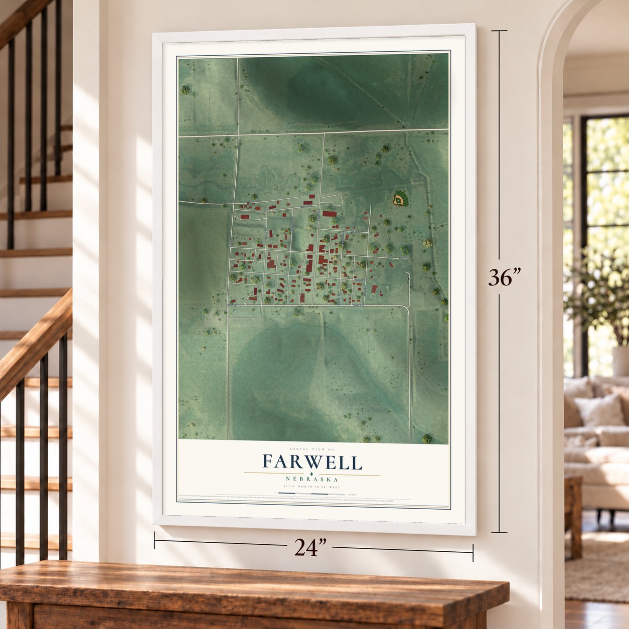 Farwell, Nebraska map, 24 x 36 inch print in a white frame by a staircase