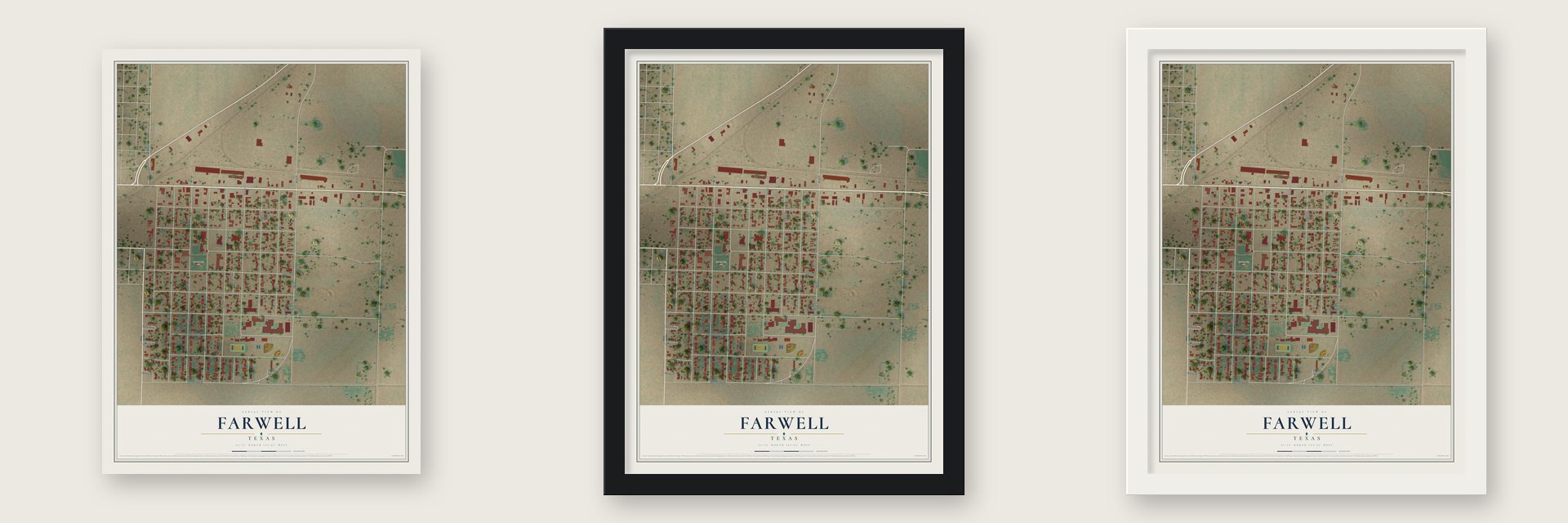 Farwell, Texas map unframed, in a black wood frame and in a white wood frame