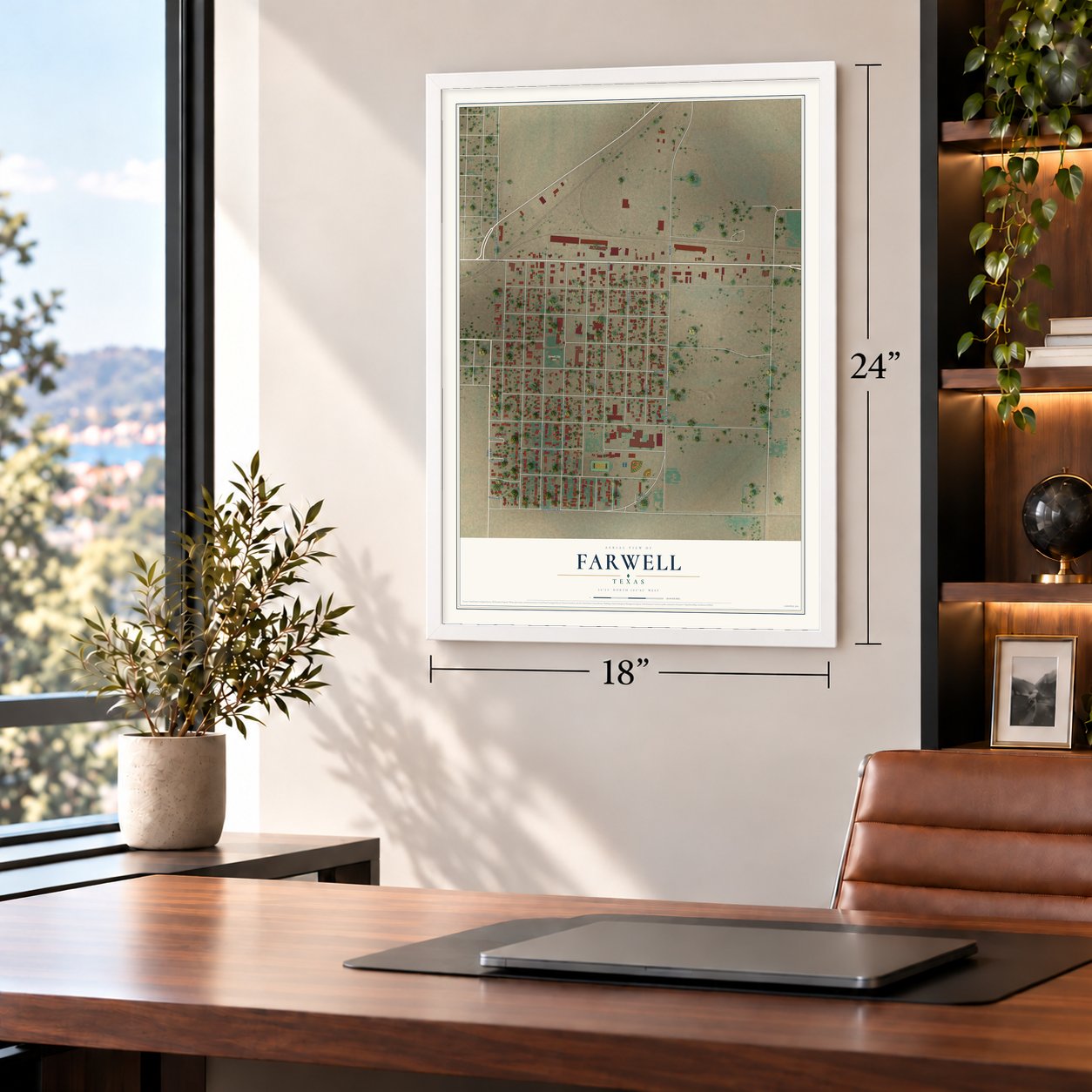 Farwell, Texas map, 18 x 24 inch print in a white frame in a home office