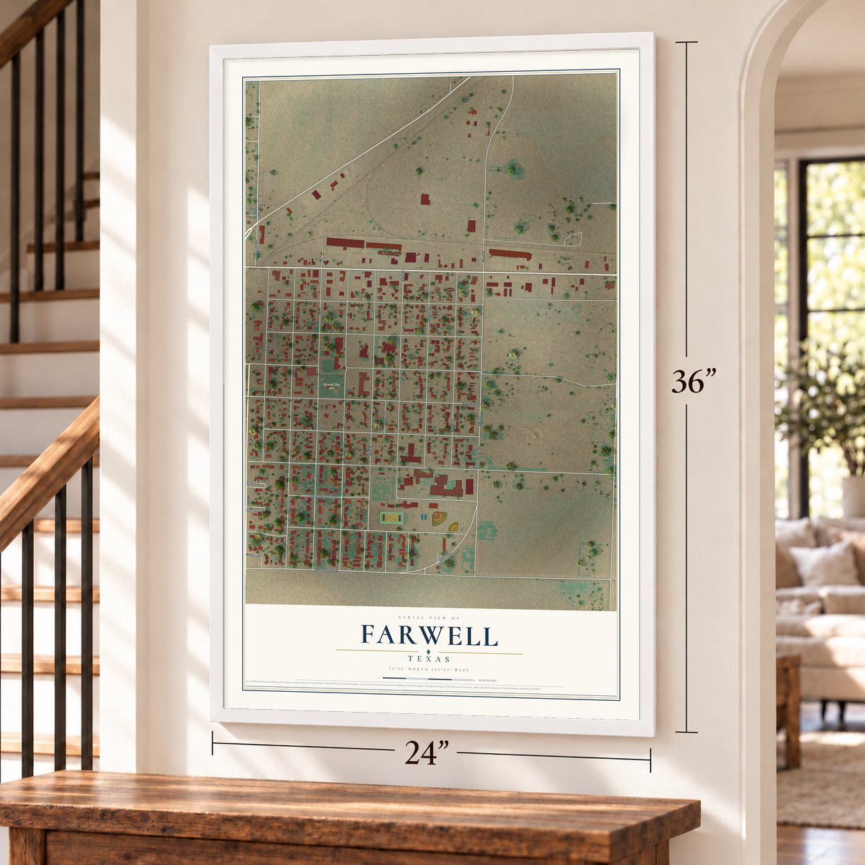 Farwell, Texas map, 24 x 36 inch print in a white frame by a staircase