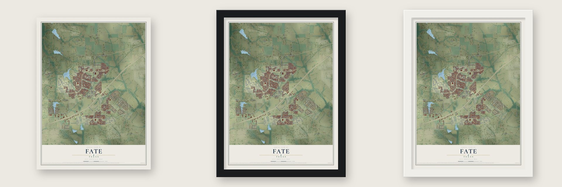 Fate, Texas map unframed, in a black wood frame and in a white wood frame