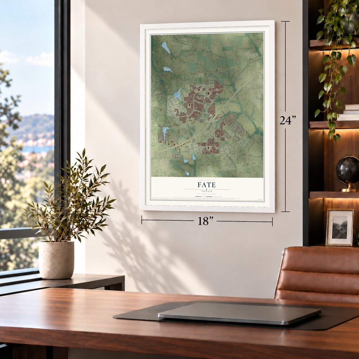 Fate, Texas map, 18 x 24 inch print in a white frame in a home office