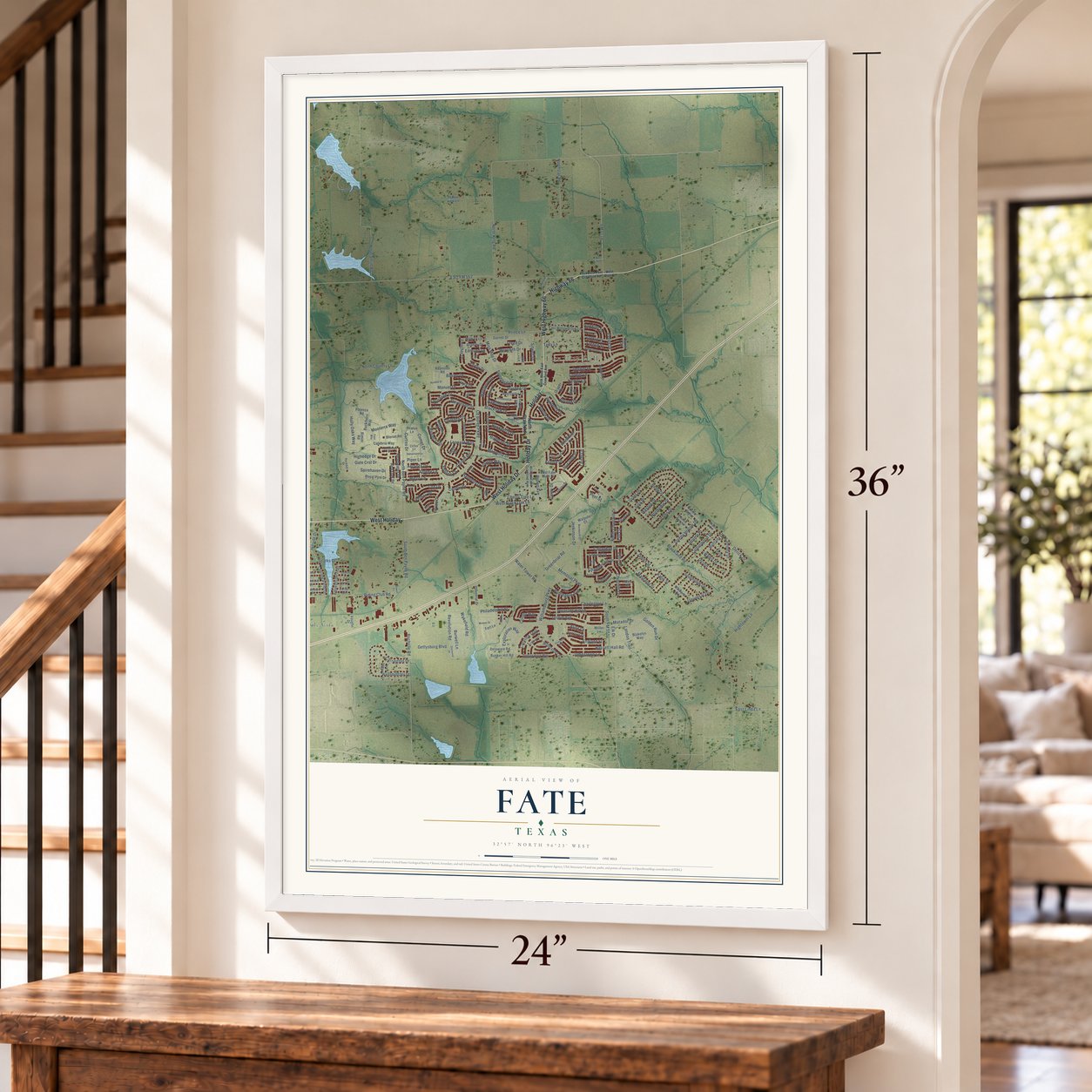 Fate, Texas map, 24 x 36 inch print in a white frame by a staircase