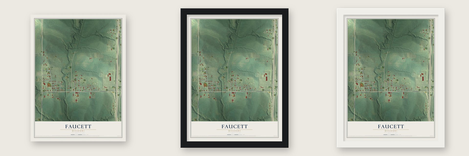 Faucett, Missouri map unframed, in a black wood frame and in a white wood frame