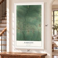 Faucett, Missouri map, 24 x 36 inch print in a white frame by a staircase