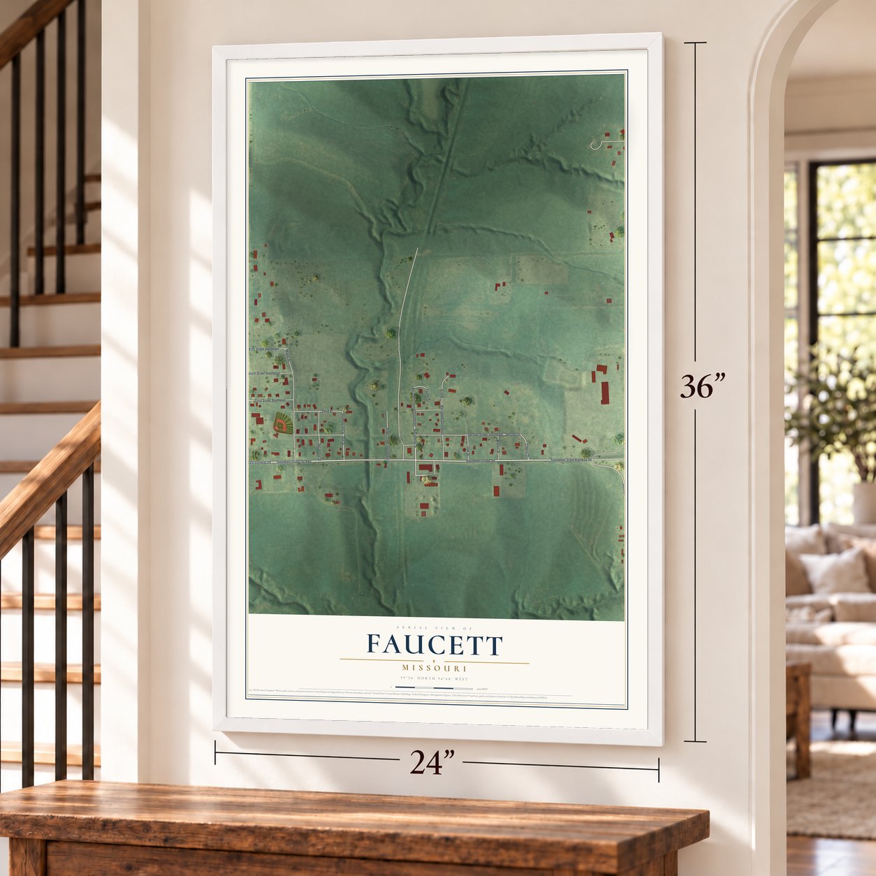 Faucett, Missouri map, 24 x 36 inch print in a white frame by a staircase
