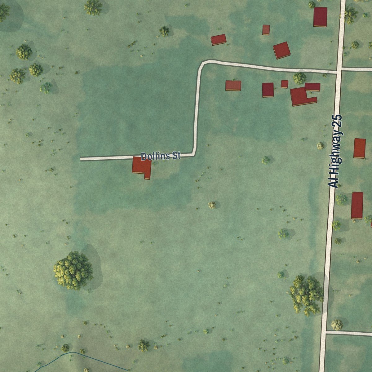 Second close-up of the map of Faunsdale, Alabama print showing more streets and buildings