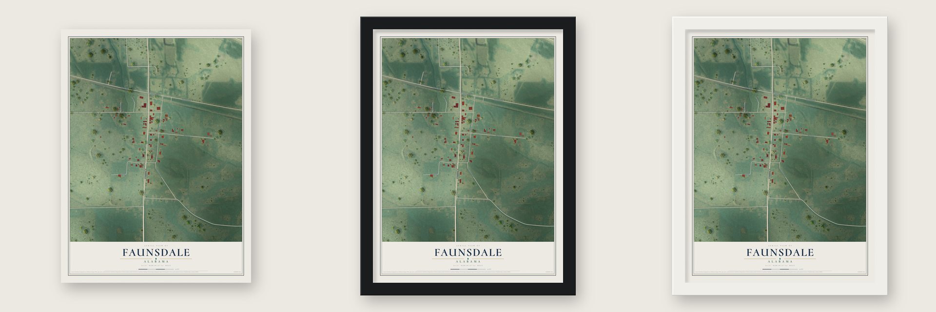 Faunsdale, Alabama map unframed, in a black wood frame and in a white wood frame