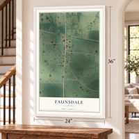 Faunsdale, Alabama map, 24 x 36 inch print in a white frame by a staircase