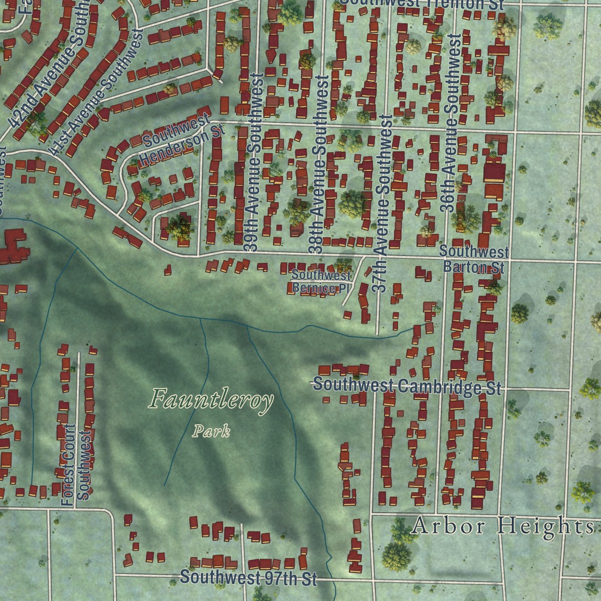 Second close-up of the map of Fauntleroy, Washington print showing more streets and buildings