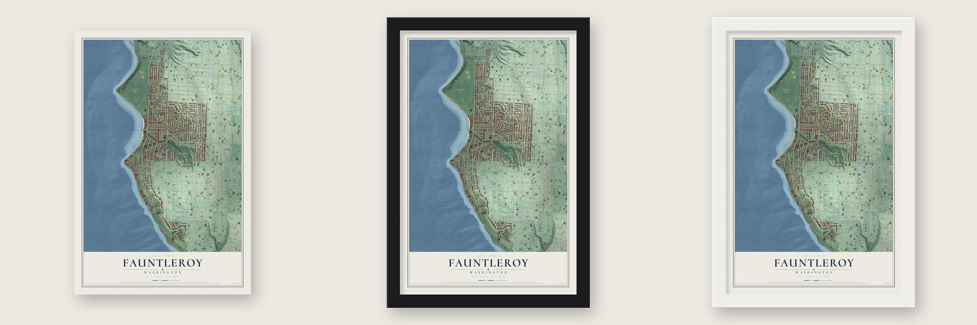 Fauntleroy, Washington map unframed, in a black wood frame and in a white wood frame