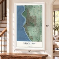 Fauntleroy, Washington map, 24 x 36 inch print in a white frame by a staircase