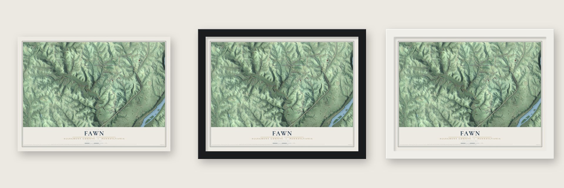 Fawn, Allegheny County, Pennsylvania map unframed, in a black wood frame and in a white wood frame