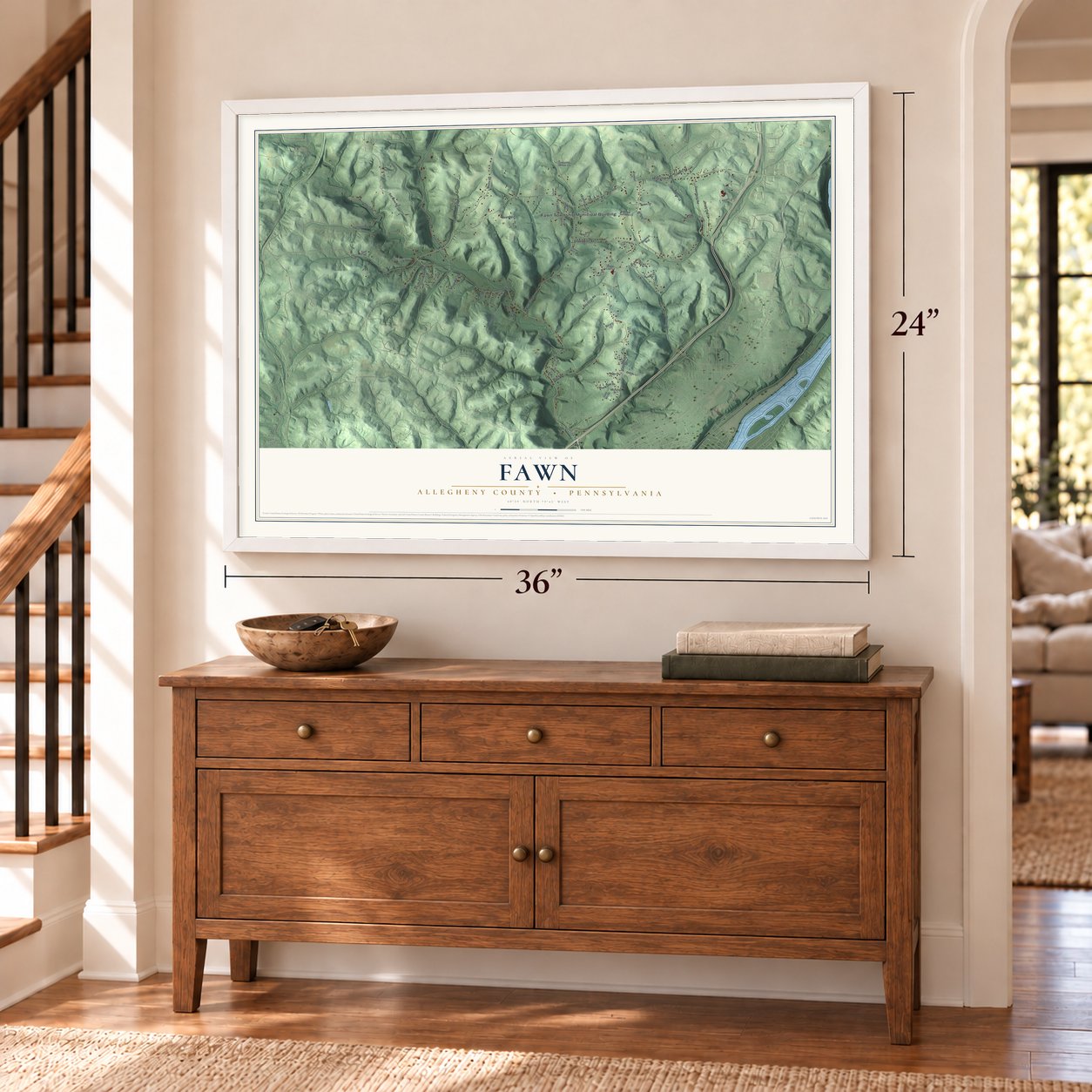 Fawn, Allegheny County, Pennsylvania map, 24 x 36 inch print in a white frame above a dresser by a staircase