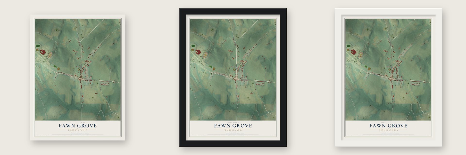 Fawn Grove, Pennsylvania map unframed, in a black wood frame and in a white wood frame