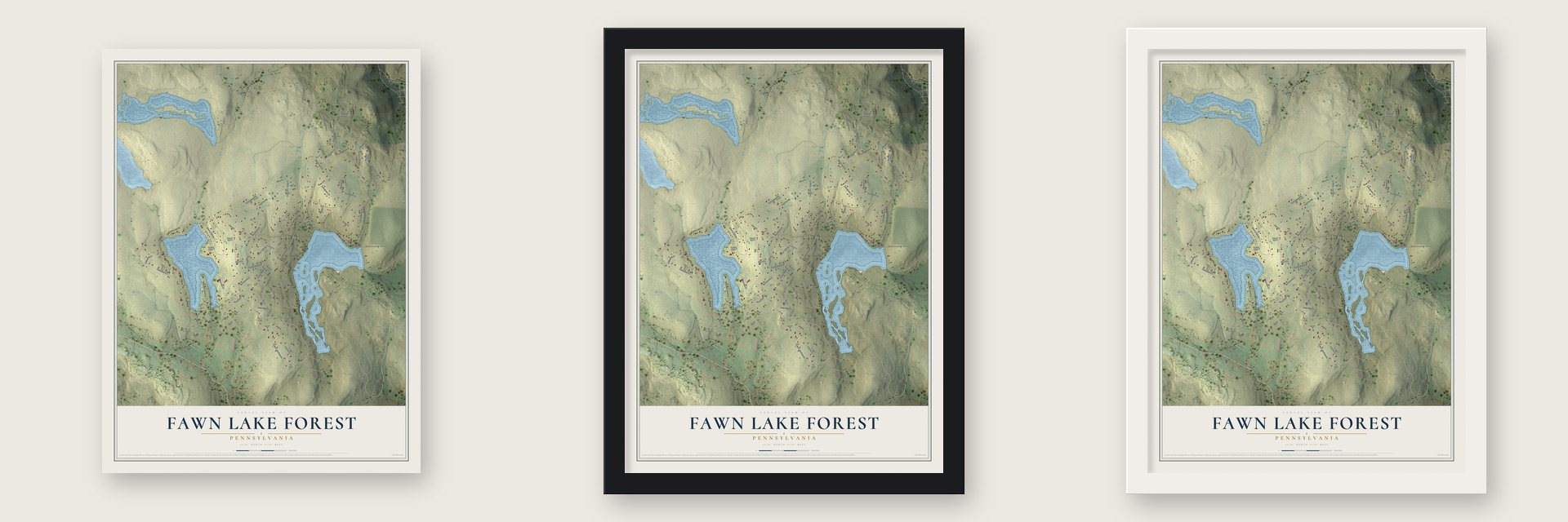 Fawn Lake Forest, Pennsylvania map unframed, in a black wood frame and in a white wood frame