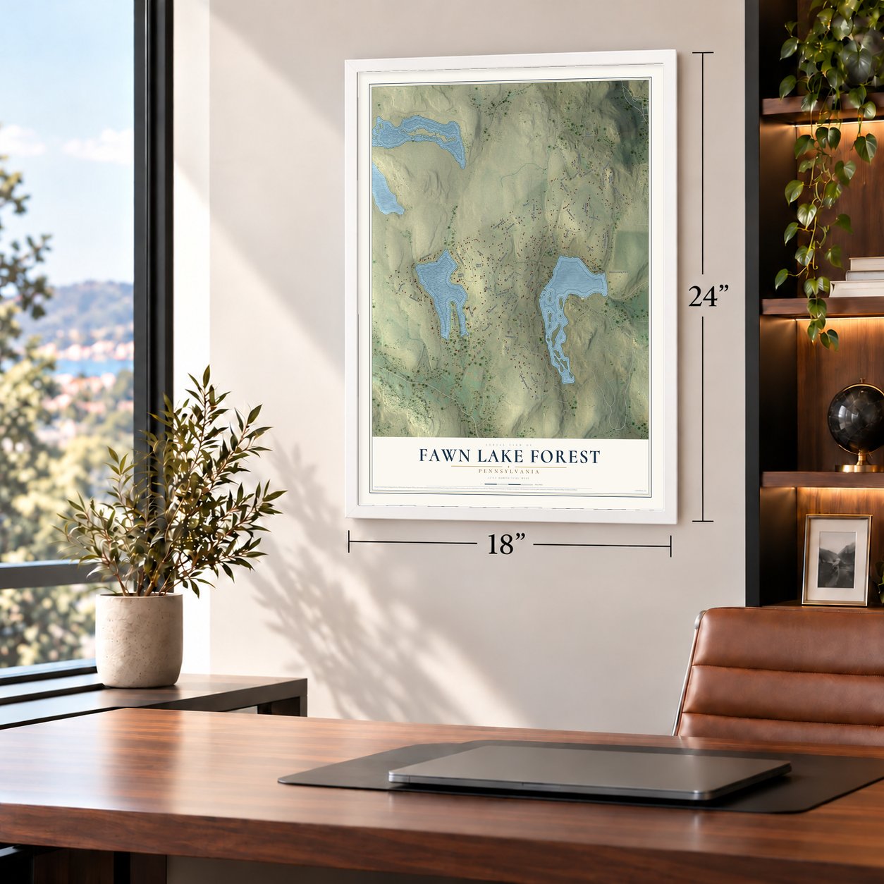 Fawn Lake Forest, Pennsylvania map, 18 x 24 inch print in a white frame in a home office