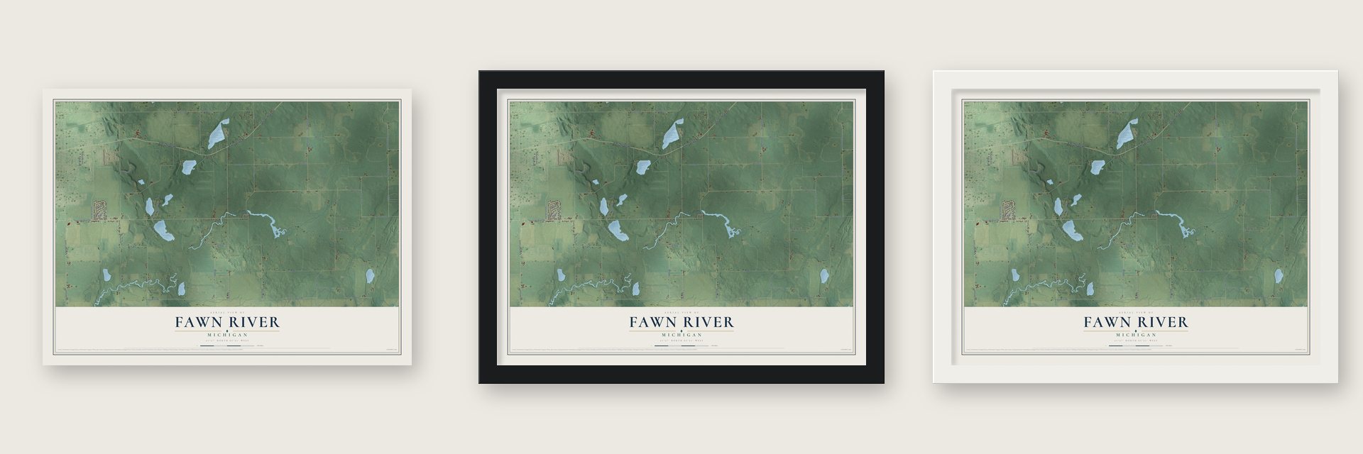 Fawn River, Michigan map unframed, in a black wood frame and in a white wood frame