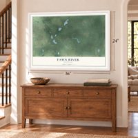 Fawn River, Michigan map, 24 x 36 inch print in a white frame above a dresser by a staircase