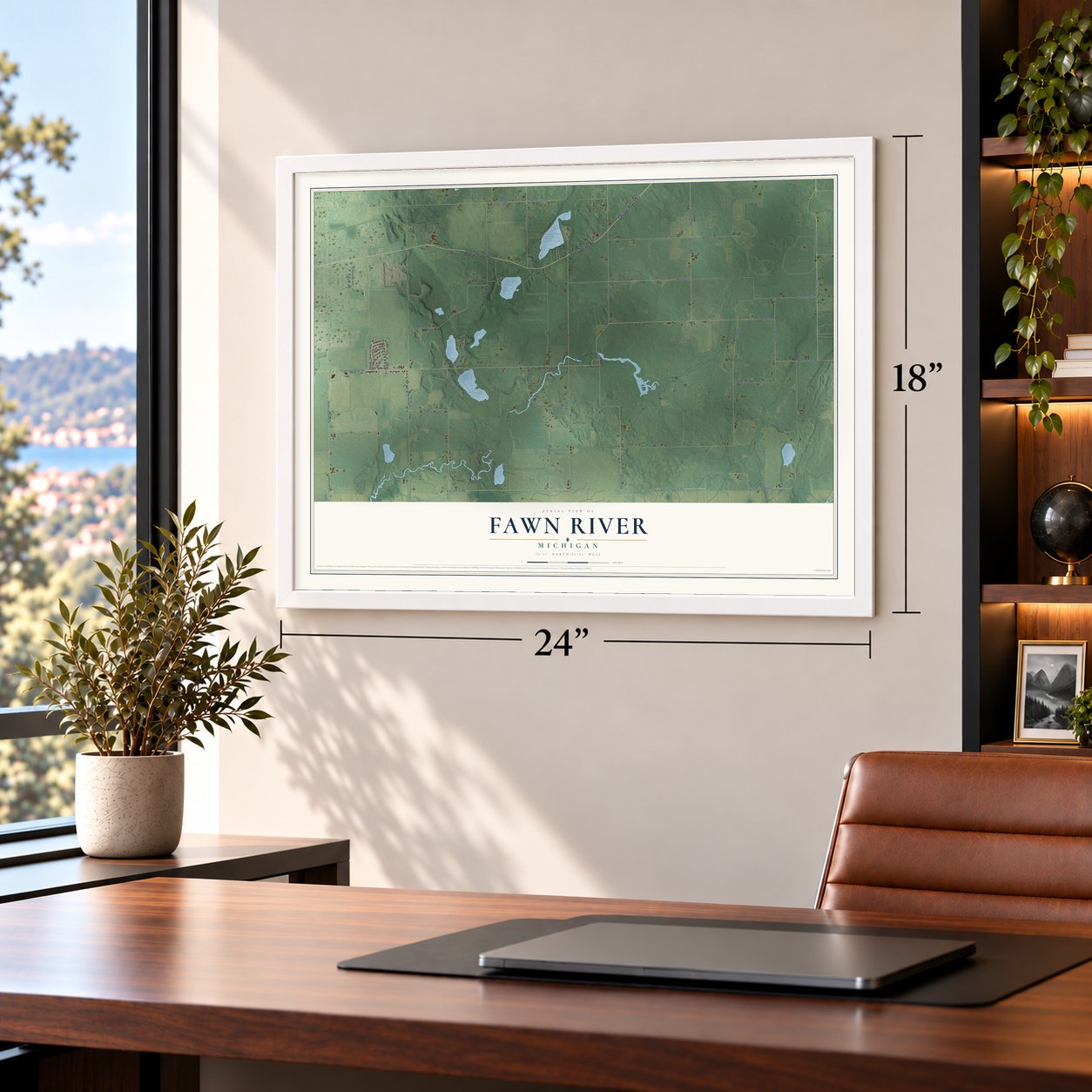 Fawn River, Michigan map, 18 x 24 inch print in a white frame in a home office