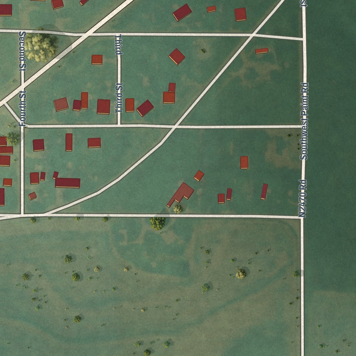 Second close-up of the map of Faxon, Oklahoma print showing more streets and buildings