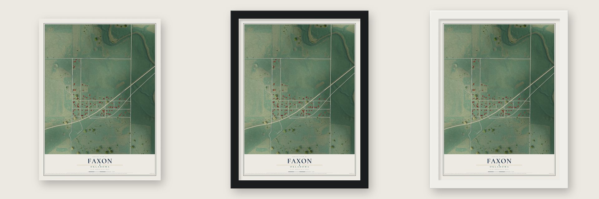 Faxon, Oklahoma map unframed, in a black wood frame and in a white wood frame