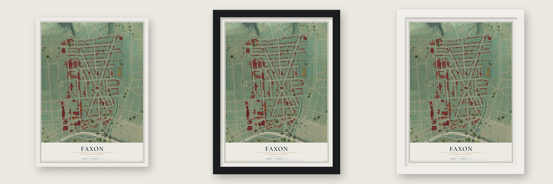 Faxon, Pennsylvania map unframed, in a black wood frame and in a white wood frame