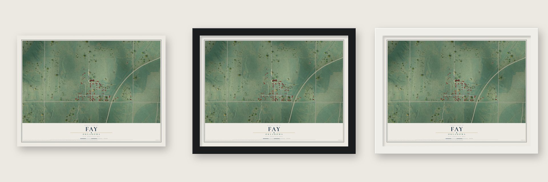 Fay, Oklahoma map unframed, in a black wood frame and in a white wood frame