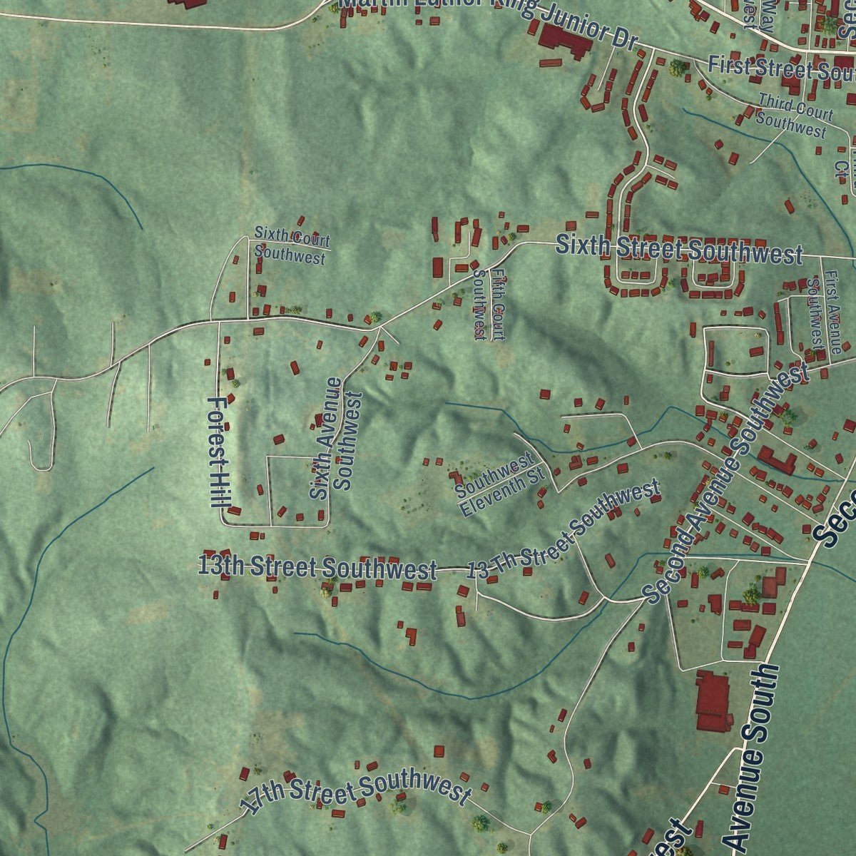 Second close-up of the map of Fayette, Alabama print showing more streets and buildings