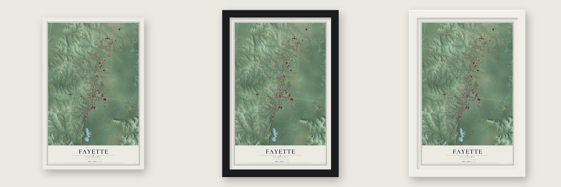 Fayette, Alabama map unframed, in a black wood frame and in a white wood frame