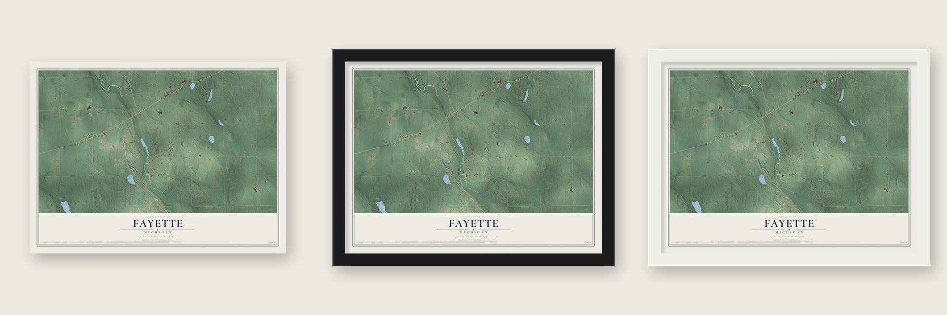 Fayette, Michigan map unframed, in a black wood frame and in a white wood frame