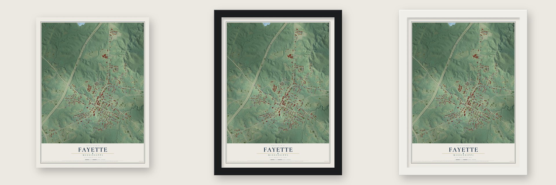Fayette, Mississippi map unframed, in a black wood frame and in a white wood frame