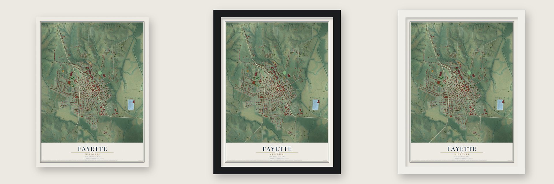 Fayette, Missouri map unframed, in a black wood frame and in a white wood frame