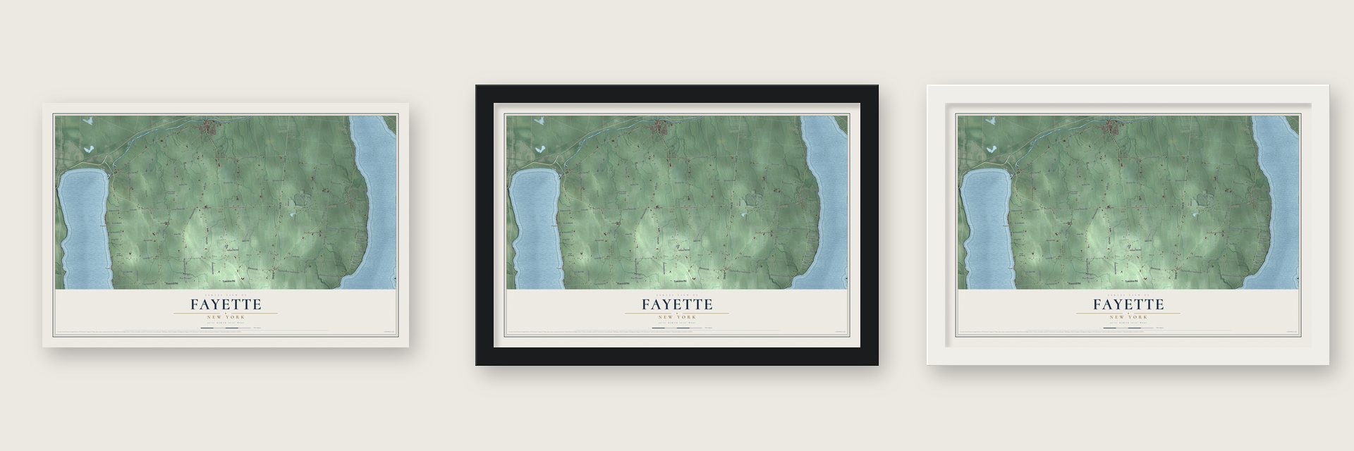 Fayette, New York map unframed, in a black wood frame and in a white wood frame
