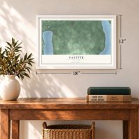 Fayette, New York map, 12 x 18 inch print in a white frame in an entryway