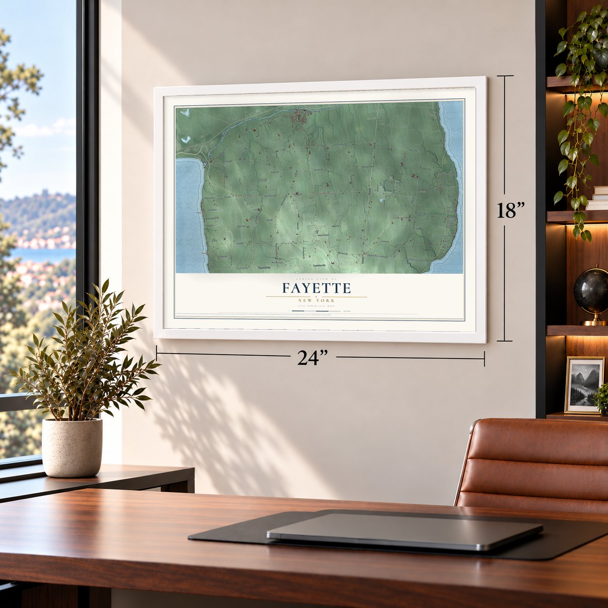 Fayette, New York map, 18 x 24 inch print in a white frame in a home office