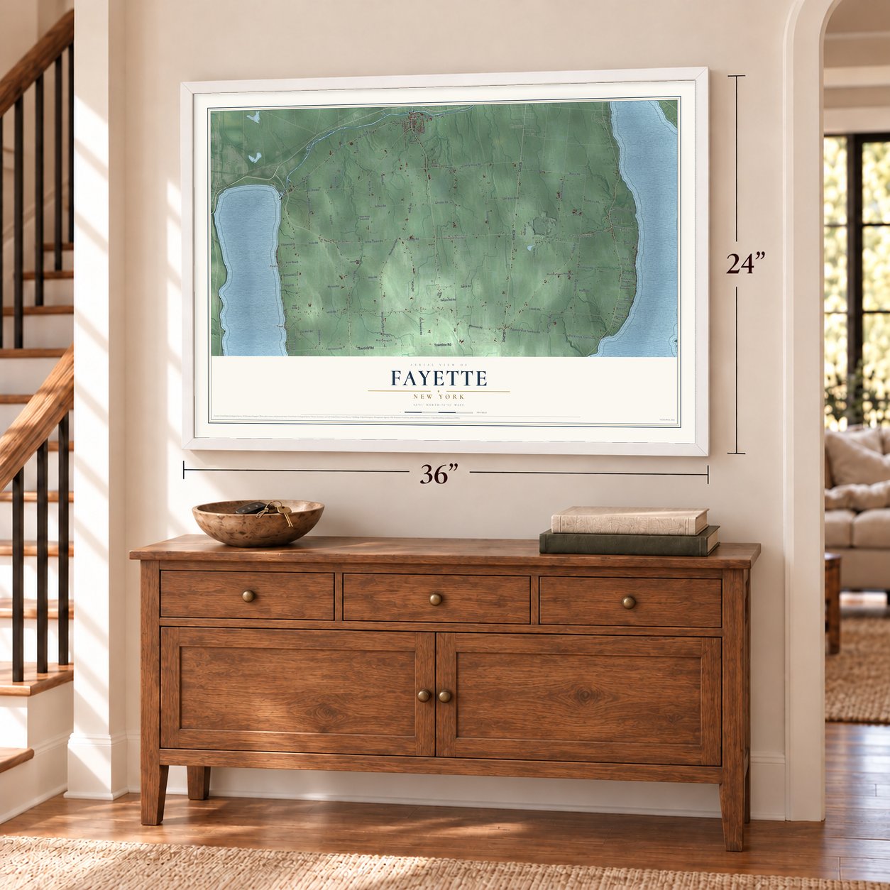 Fayette, New York map, 24 x 36 inch print in a white frame above a dresser by a staircase