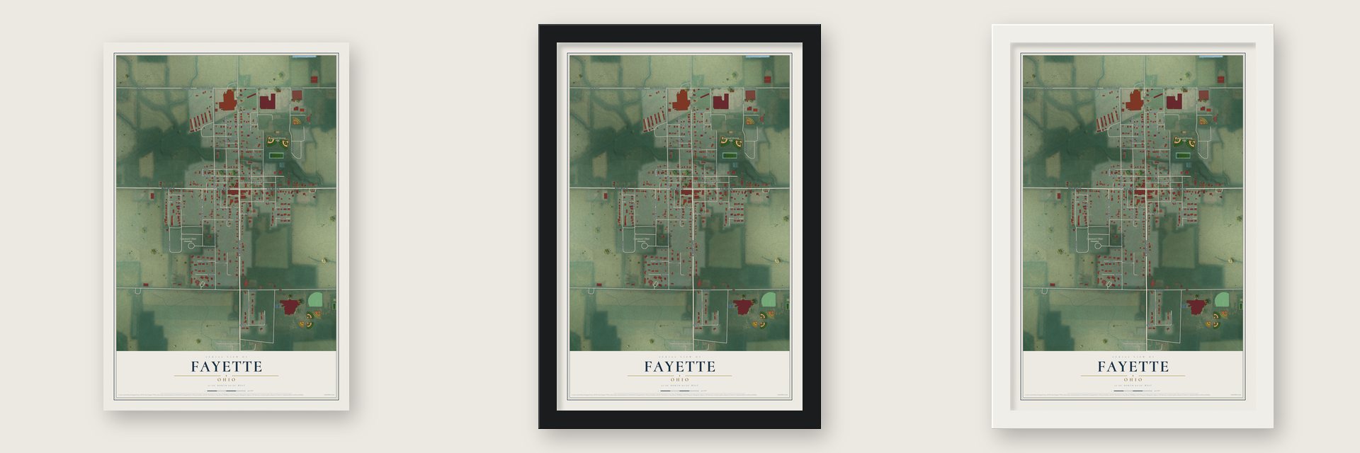 Fayette, Ohio map unframed, in a black wood frame and in a white wood frame