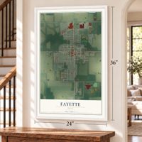 Fayette, Ohio map, 24 x 36 inch print in a white frame by a staircase