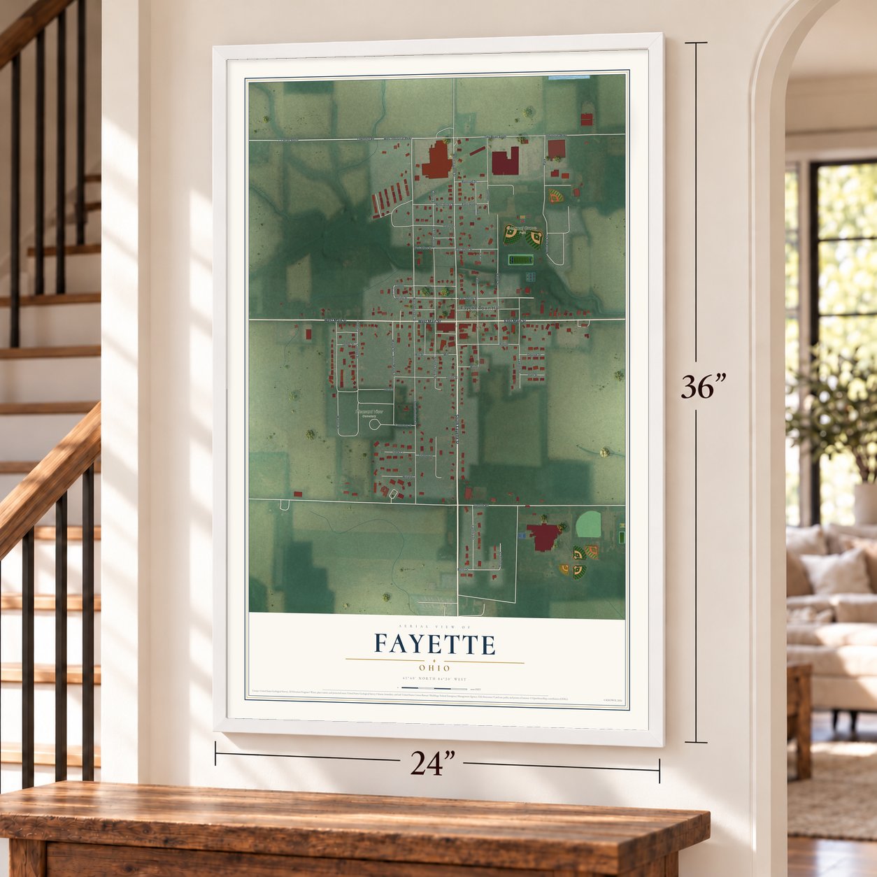Fayette, Ohio map, 24 x 36 inch print in a white frame by a staircase