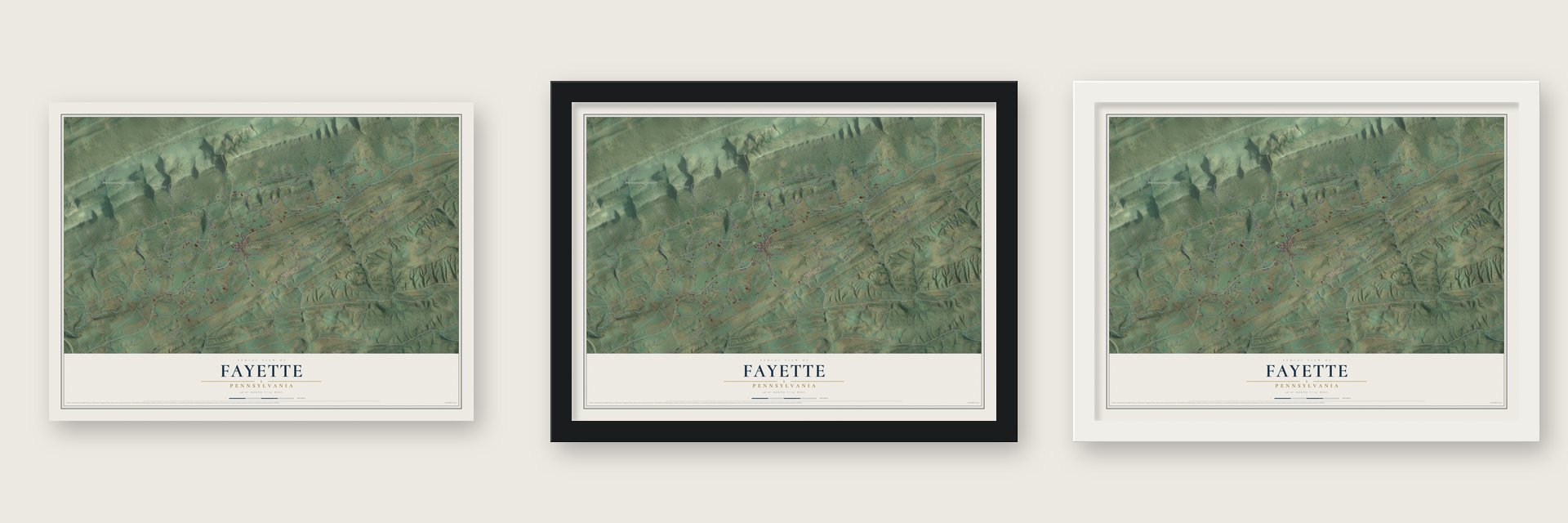 Fayette, Pennsylvania map unframed, in a black wood frame and in a white wood frame