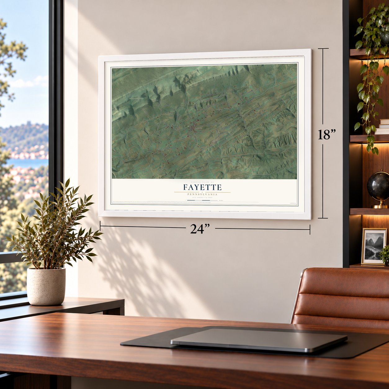 Fayette, Pennsylvania map, 18 x 24 inch print in a white frame in a home office