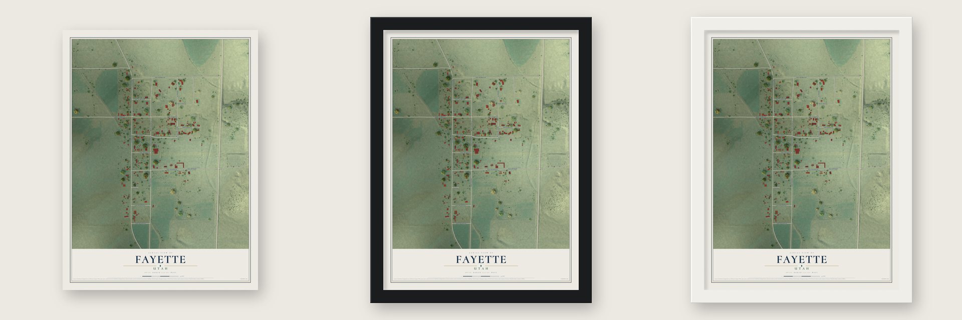 Fayette, Utah map unframed, in a black wood frame and in a white wood frame