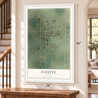 Fayette, Utah map, 24 x 36 inch print in a white frame by a staircase